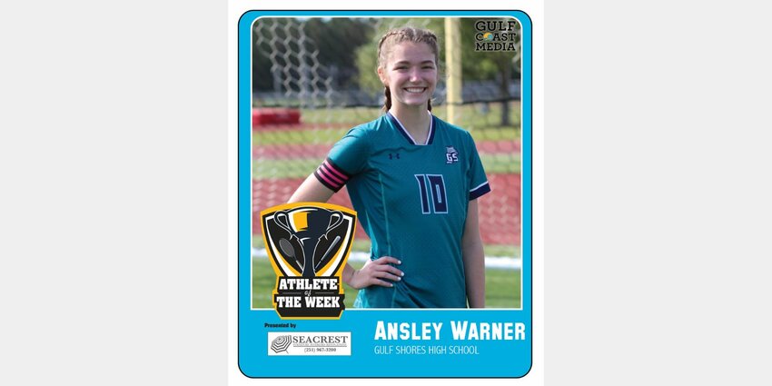 With 4 goals in the regular-season finale, Gulf Shores senior Ansley Warner raised her season total to 37 to help secure the 32nd and final Seacrest Furniture Athlete of the Week. The Southern Union signee also helped the Dolphins open their return trip to the state finals with a second straight Class 5A Area 1 title.