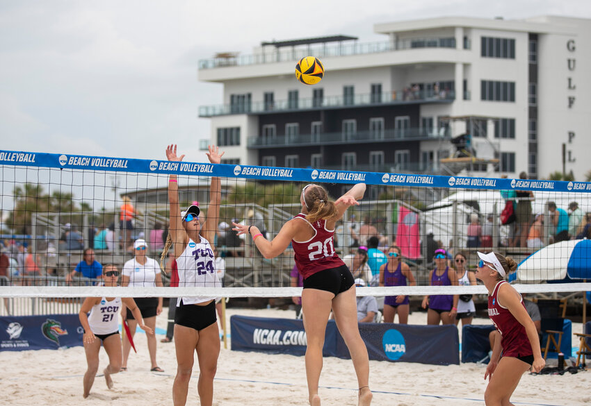 Stanford and TCU battle in the quarterfinals of the NCAA Beach Volleyball National Championship at Gulf Place Beach on April 6, 2023. For one more year, the top 17 teams in the country, including the Cardinal and Horned Frogs, will descend upon Baldwin County this weekend before the championship makes a two-year stay in California.