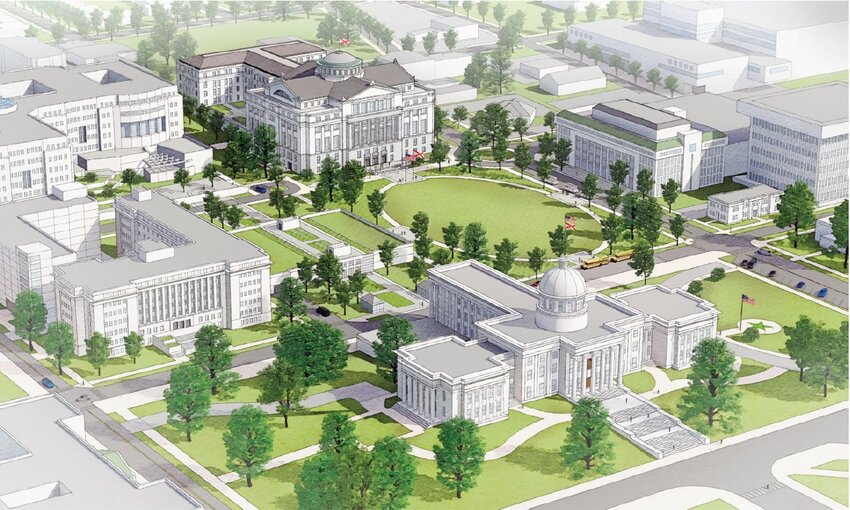 Architect Bill Wallace of Goodwyn Mills Cawood unveiled designs for the new Alabama State House, featuring six columns and a dome facing the park and State Capitol, at the Legislative Council meeting on May 1.