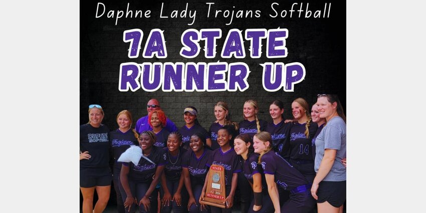 The Daphne Trojans pose with the 2024 Class 7A Red Map trophy as state runners-up with a 1-0 loss to Hewitt-Trussville in 9 innings on Tuesday, May 14, in Oxford. Daphne rattled off four wins from the elimination bracket to earn their first state finals appearance since 2017.