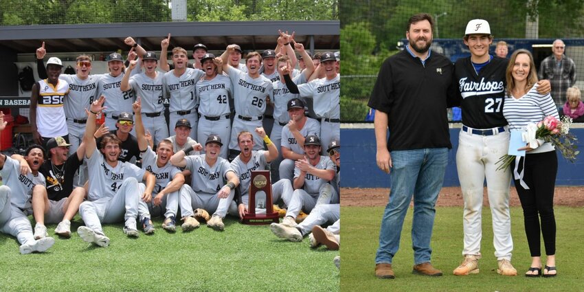 The Birmingham-Southern Panthers are heading to the Division III World Series thanks to a five-game win streak that ended with a Super Regional championship trophy following a 7-6 win over Denison on Saturday, May 25. Among the bullpen pitchers is Fairhope alum Ben Hoover (44, front row, third from left), who is pictured at right with his parents on Senior Day at Volanta Park ahead of the Pirates&rsquo; contest against Murphy on April 16, 2021.