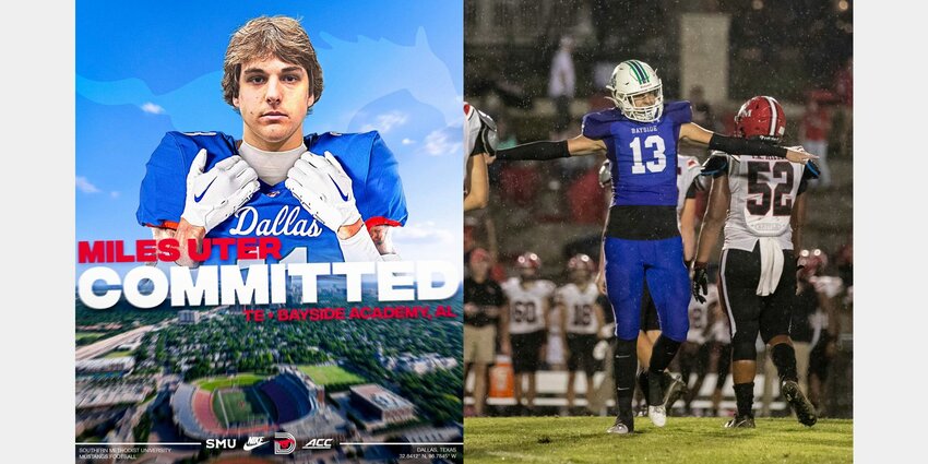 Bayside Academy&rsquo;s Miles Uter announced he&rsquo;ll be taking his talents to the DFW after he committed to the SMU Mustangs on Tuesday, June 25. At right, Uter is pictured celebrating an incomplete pass during the Admirals&rsquo; Class 4A Region 1 contest against the T.R. Miller Tigers on Oct. 6, 2023, at Freedom Field in Daphne.