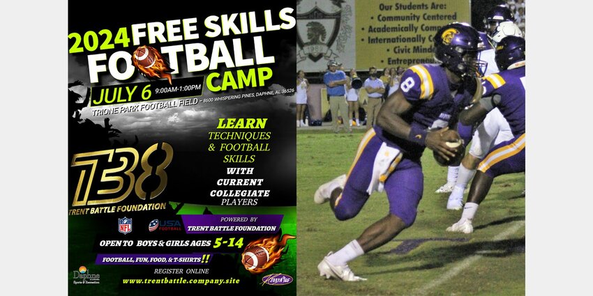 A free youth skills clinic powered by the Trent Battle Foundation is coming to the Al Trione Sports Complex in Daphne this weekend. Young student-athletes from ages 5-14 have the opportunity to learn skills and techniques from former Trojan football players including Battle, a running back for the TCU Horned Frogs. At right, Battle is pictured attacking the line of scrimmage at Jubilee Stadium against the Fairhope Pirates.