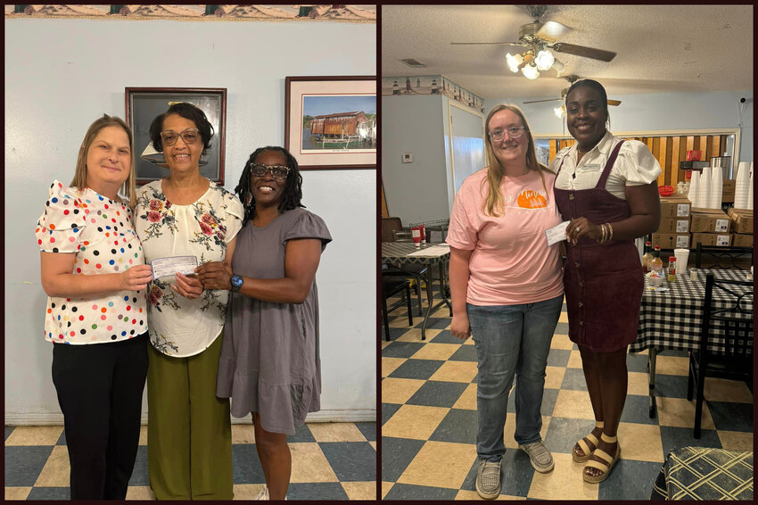 (Left) Brittany Clay, vice president of the Kiwanis Club of Bay Minette, presented a $500 donation to Chosen Youth Outreach representatives Regina Curry and Danyl January to support the Back to School Bash.  (Right) Nancy Dean, secretary of the Kiwanis Club of Bay Minette, presented a $500 donation to Melissa Gaines Phillips of the Women&rsquo;s Divine Organization in support of the Back to School Giveaway.