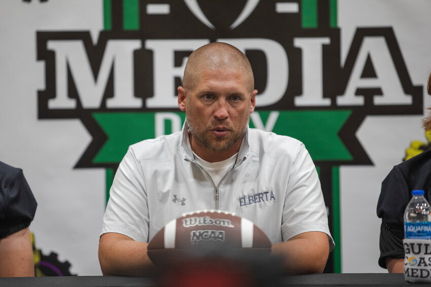 Elberta head football coach Nathan McDaniel reacts to a question during the second-annual Gulf Coast Media Day at the Orange Beach Event Center on July 27, 2023. Baldwin County head football coaches and players are set to return to The Wharf on Thursday to preview the 2024 season at the third-annual event presented by Planet Fitness in Foley, Fairhope and Daphne.