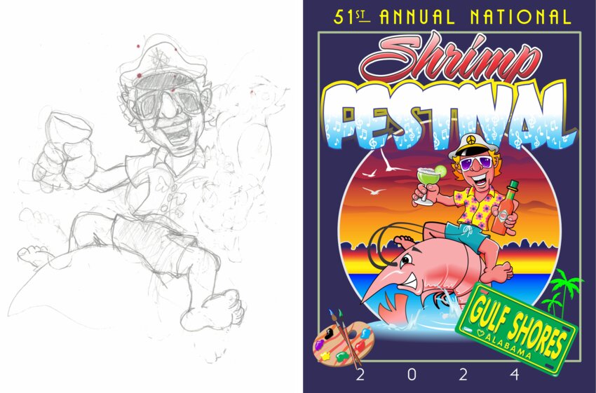 (Left) Red Owen&rsquo;s preliminary sketch laid the foundation for his vibrant and captivating design, which ultimately won the 51st Annual National Shrimp Festival poster contest.    (Right) Red Owen&rsquo;s poster design, inspired by the coastal vibes and music of Jimmy Buffett, captures the lively spirit of the 51st Annual National Shrimp Festival with its vibrant depiction of the beach, shrimp, art and music.