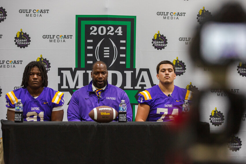 The Daphne Trojan football team was one of the Baldwin County teams that came down to the Orange Beach Event Center on July 25 for the third-annual Gulf Coast Media Day event to preview the upcoming season. Head coach Kenny King was joined by Marquaes Lambert and Jacob Luna, some of the experienced returners who will look to get the Trojans to the playoffs for a second year in a row.