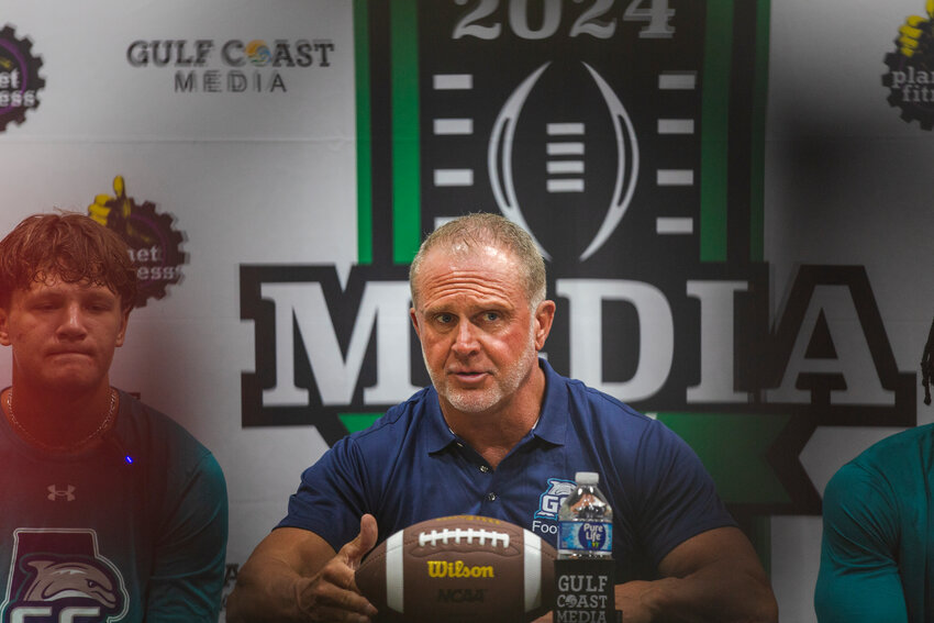 The Gulf Shores Dolphins preview their return to Class 6A as part of Gulf Coast Media Day at the Orange Beach Event Center on July 25. Head coach Mark Hudspeth mentioned his first year at the helm of the Gulf Shores program, the Dolphins went 6-4 in Class 6A Region 1.