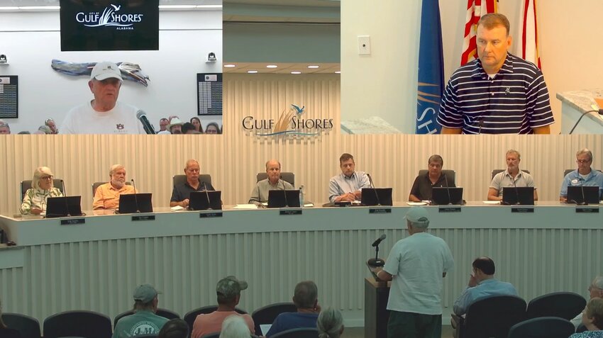 Larry Freeman (top left) spoke at the Gulf Shores work session meeting Aug 19 concerning the amendment to the staining materials ordinance, which was presented to the council by Brandan Franklin (top right).