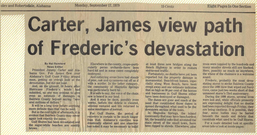 Clippings from 1979 highlight the aftermath of Hurricane Frederic, one of the most destructive storms to hit Alabama.