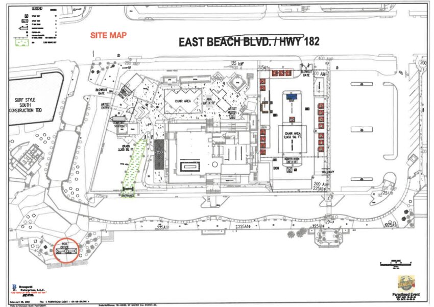 Site map of The Hangout location for the Meeting of the Minds 2024. Circled in the bottom left is the public area to be used for a box office.