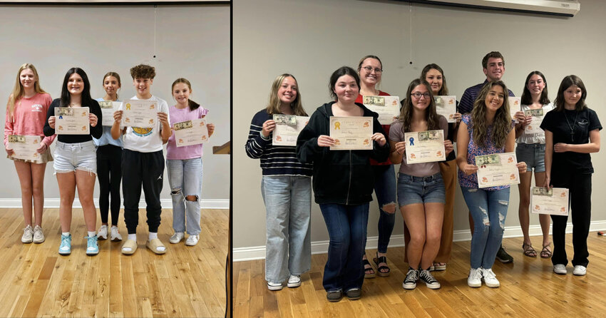 Junior Division: Front row, left to right: Brooklyn Barnes, 1st place, Sweet Potato Dump Cake, Fairhope Middle School, FACS teacher Mrs. Otteson; (not pictured) Brennan Norris, 2nd place, Sweet Potato Casserole, Foley Middle School, FACS teacher Mrs. Bashears; Carter Elliott, 3rd place, Thanksgiving Casserole, Foley Middle School. Back row, left to right: Lilly Sprute, Sweet Potato Bundt Cake, Fairhope Middle School; Amelia Madden, Sweet Potato and Black Bean Soup, Elberta Middle School; Emma Franks, Sweet Potato Cinnamon Cake, Elberta Middle School.  Senior Division: Front row, left to right: Ashlyn Brown, 3rd place, Sweet Potato Trifle, Elberta High School; Zoey Sanderson, 1st place, Sweet Potato Souffl&eacute;, Baldwin Prep Academy; Ashley Nimmer, 2nd place, Healthy Sweet Potato Skins, Spanish Fort High School; Layken Findley, Sweet Potato Muffins, Baldwin Prep Academy. Back row, left to right: Emaleigh Wirth, Sweet Potato Lasagna, Robertsdale High School; Allie Lee, Sweet Potato Chili, Elberta High School; Nalia DeWalt, Smoked Sweet Potato Skins, Robertsdale High School; Dylan Ackerman, Roasted Pork over Sweet Potato Pasta, Daphne High School; Nikolet Meade, Sweet Potato Ice Cream, Gulf Shores City School.