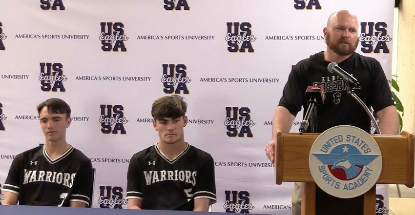 Kevin Jones and Brady Cole Harrison represented the Elberta Warrior baseball team alongside head coach Owen Davis at the Baldwin County baseball softball media day at the United States Sports Academy in Daphne on Friday, Jan. 31. The pair of athletes are set to remain teammates at Chattahoochee Valley Community College and represent the Warriors at the next level.