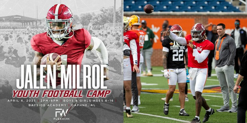 Alabama quarterback Jalen Milroe is set to host a youth football camp at Daphne&rsquo;s Bayside Academy in April where boys and girls aged 6-16 have the opportunity to learn directly from the Crimson Tide captain. Partnered with FlexWork, the camp is scheduled for Sunday, April 6 in Daphne. At right, Milroe is pictured firing a pass during 1-on-1 drills on the third and final day of Senior Bowl practice at Hancock Whitney Stadium in Mobile on Jan. 30.