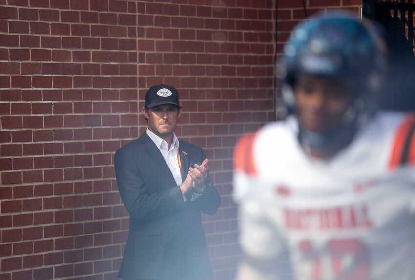 Senior Bowl Executive Director Jim Nagy watches pregame introductions at Hancock Whitney Stadium in Mobile on Saturday, Feb. 1, for the 76th annual college football all-star game. On Wednesday, Feb. 26, Nagy was hired as the general manager of the Oklahoma Sooner football program and will help oversee roster construction and compensation.