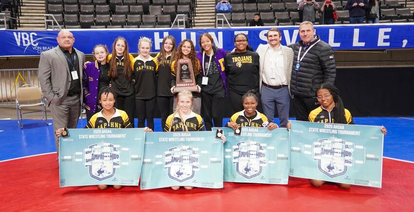 Khloe Henshaw retained the 235-pound state championship title for the Gulf Shores Dolphin girls’ wrestling team with pins in all three of her matches en route to the gold medal where Thompson’s Gissell Trejo fell at 1:33 in the final match.