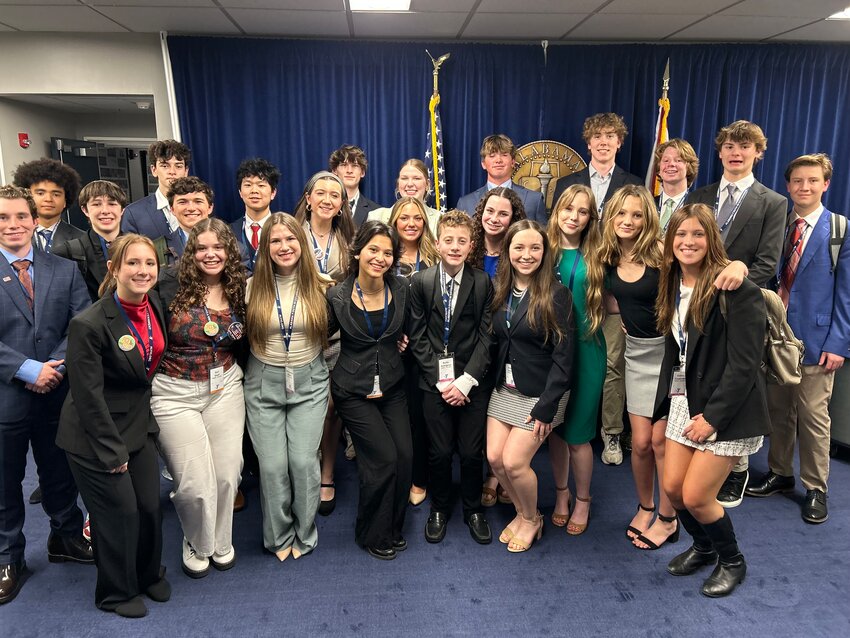 Bayside Academy students at the 76th Youth Legislature Conference in Montgomery, Alabama. Front Row: Amber Clemens, Dori Small, Mary Carlisle Williams, Lee Ginger, Burke Ramagosa and Arabella Rowland. Middle Row: Jacob Stallworth, Joey Dorman, Wells Smith, Anna Heiser, Ava Bindon, Zo&euml; Langley, Emerson Gwin, Sims Goodrich and Evelyn Carpenter. Back Row: Sidney Vivier, Pedro Benassi Monegatto, Huan Chen, Cutler Grice, Abby Schoensiegel, Hugh Ashurst, Sebastian Winstead, Mack Guilbert, Ward Hix and Braxton Bender.