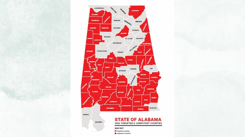 Above is the image of counties considered rural on the Alabama Department of Revenue site. The link for the page reads, &quot;Rural Areas are counties meeting the definition of 'targeted counties' under Section 40-18-376.1(a)(2).&quot;