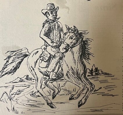 Kay Nuzum illustrated a Horse Mail Rider from early days in Baldwin County.