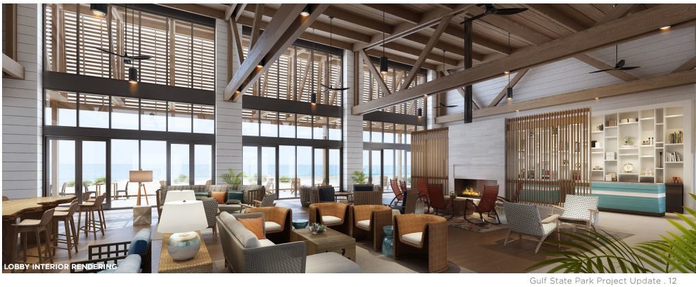 Plans for the new lodge in Gulf State Park include this two-story lobby looking out at the beach.