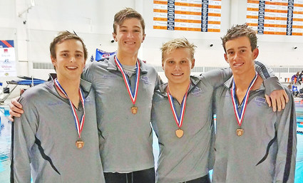 2016 bronze medalists in the 400-Yard Freestyle Relay, from left Daphne swimmers: Reagan Brey, Jacob Lambert, Harrison Costantini and Trey Sheils.