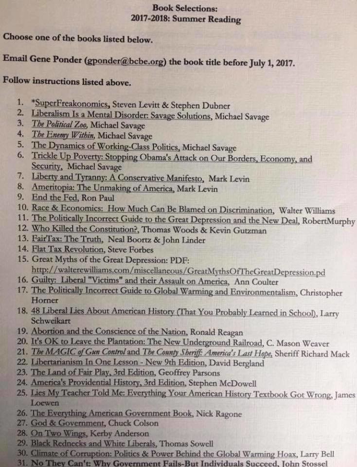 Posted online, this copy of Spanish Fort High teacher Gene Ponder's summer reading list includes a majority conservative and right-leaning authors, a point that concerned local residents and led to several complaints being lodged with the Baldwin County School System.