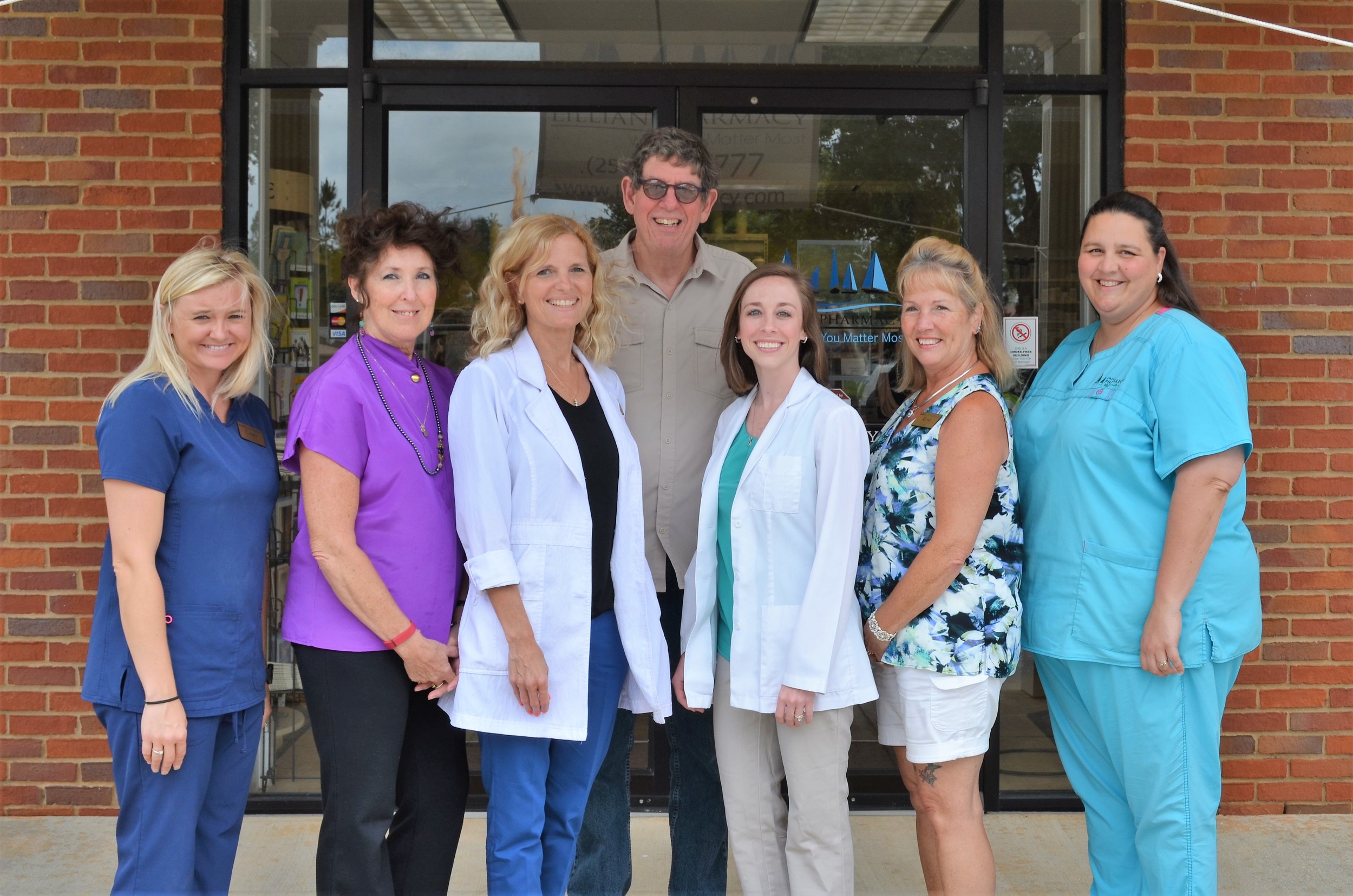 The Lillian Pharmacy Staff, left to right: Casey Dean, Stormi Stallings, Stacy Davis, Steve Love, Carrie Ray, Rose Miller, and Mindy Nobles.