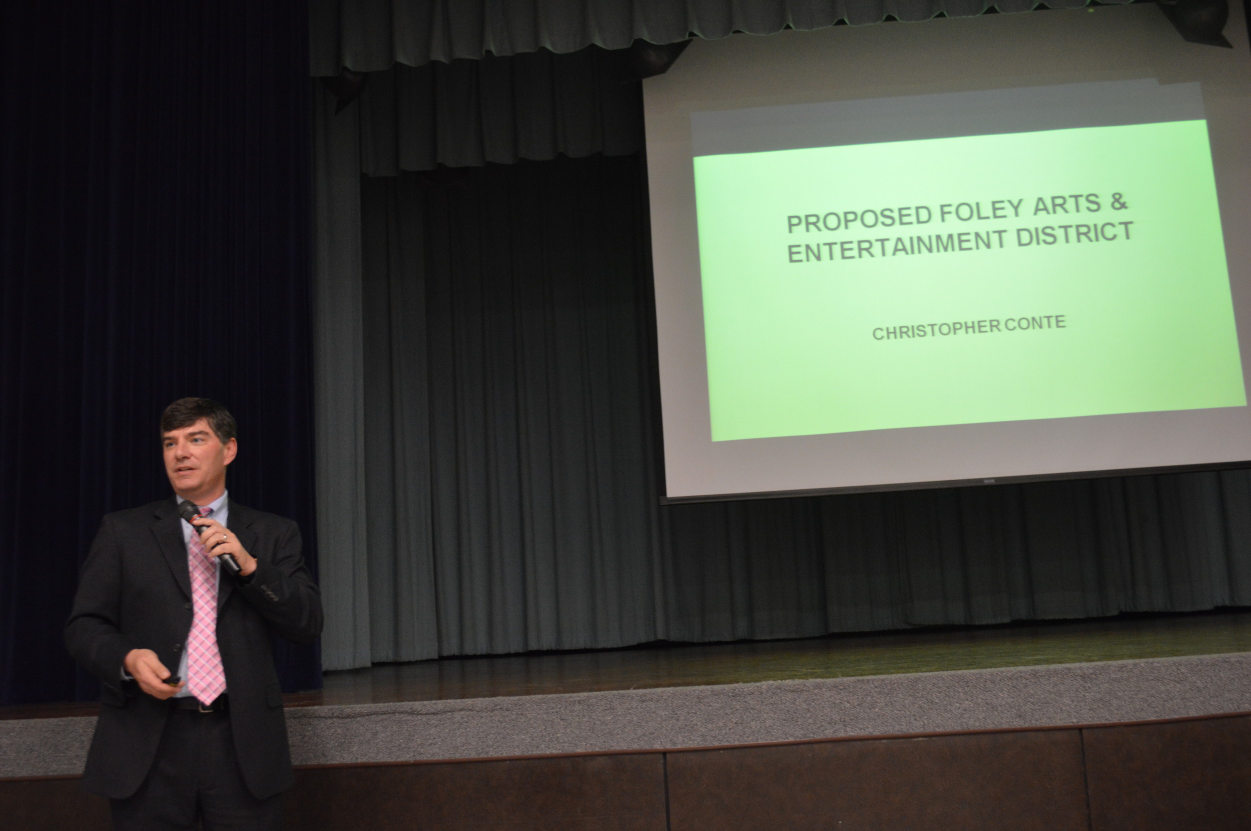City of Foley attorney Chris Conte spoke about a possible Arts and Entertainment District during the Moving Foley Forward presentation, addressing concerns and answering questions from citizens.