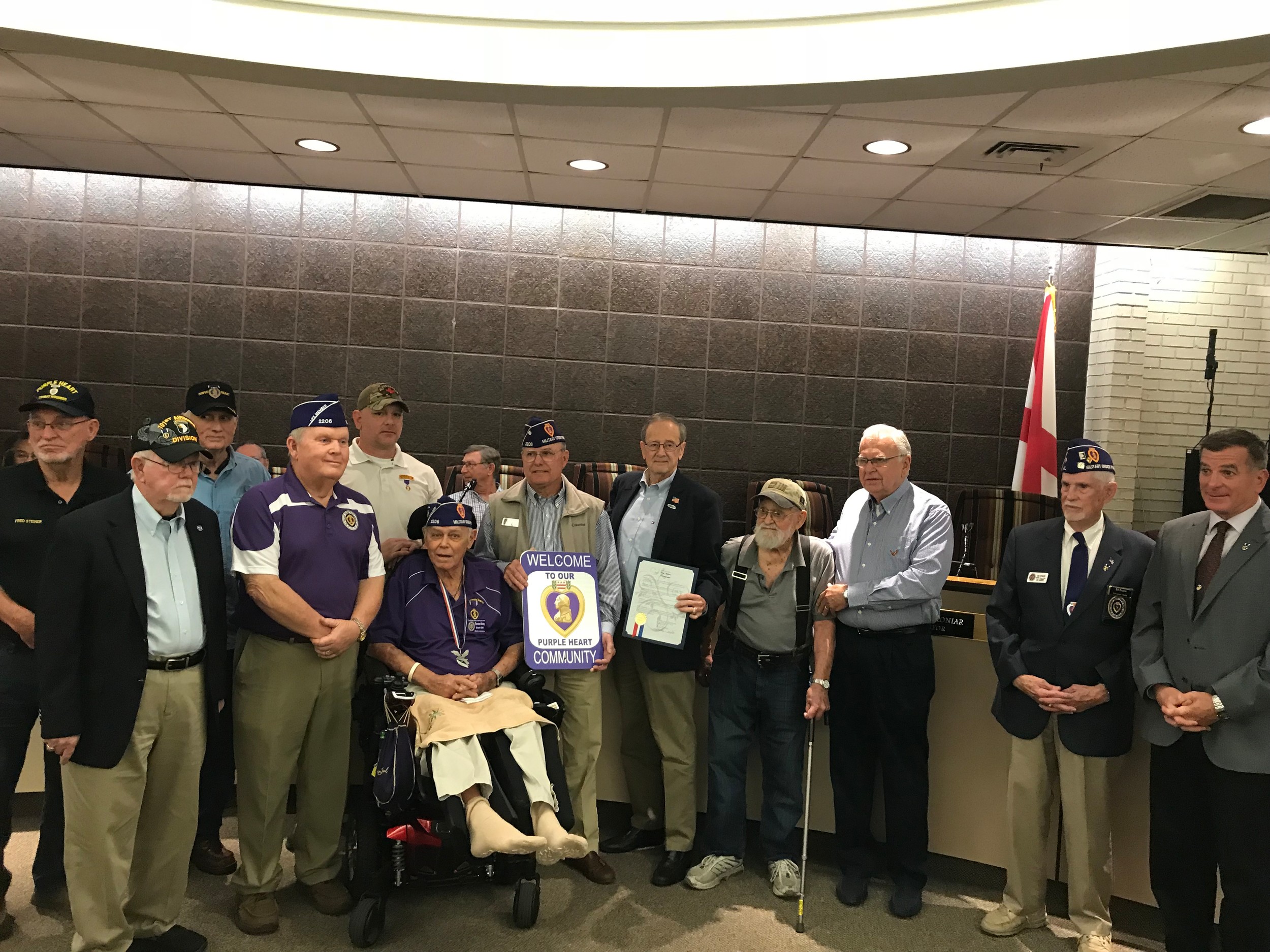Mayor John Koniar designated the City of Foley a Purple Heart Community and presented the proclamation to a group of local Purple Heart recipients who were honored by the city during the Feb. 19 council.