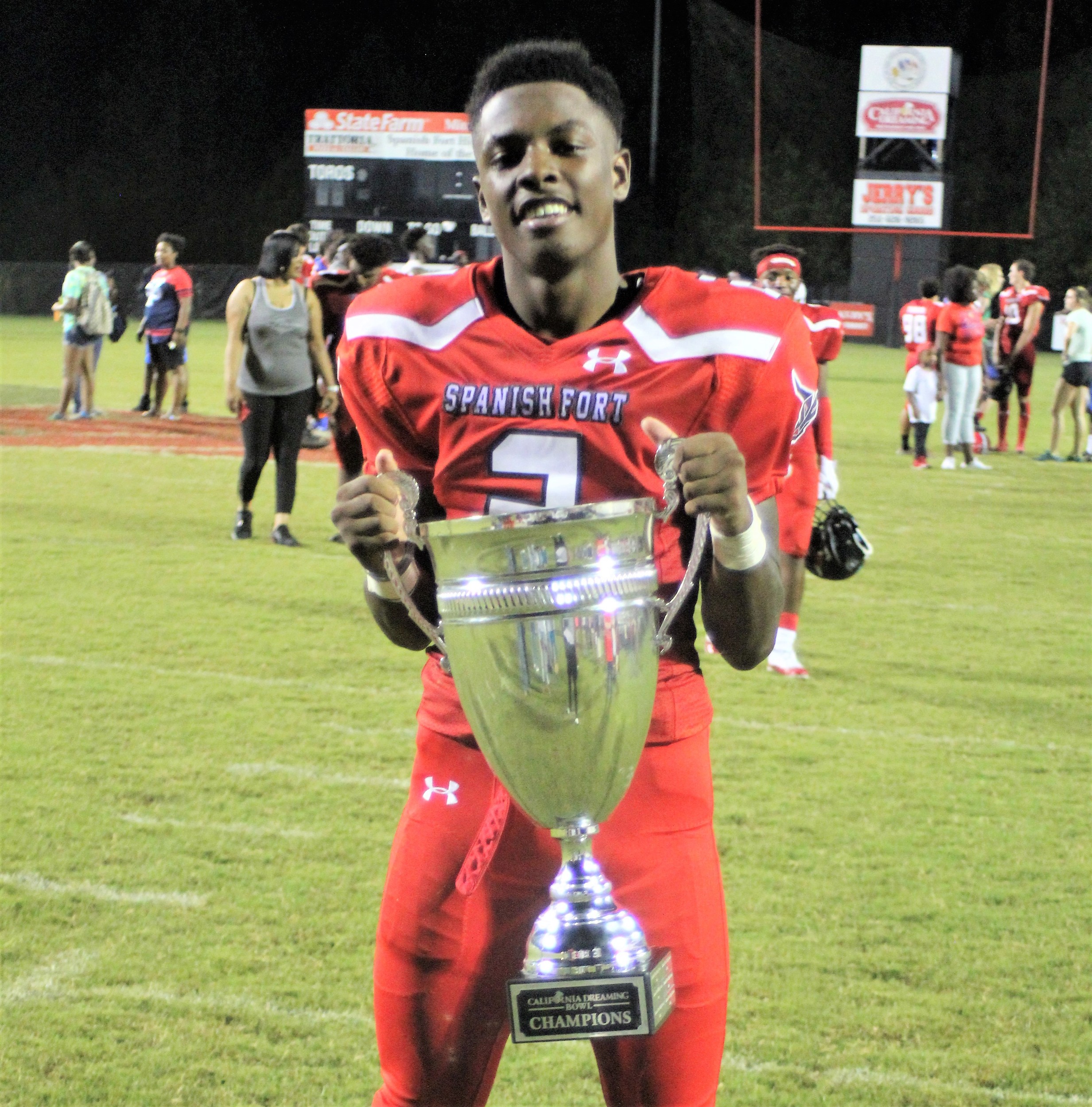 Toro cornerback Desmond (DJ) James celebrates Spanish Fort’s 22-0 win over the St. Paul’s Saints in the 2018 California Dreaming Bowl at home on Oct. 5, 2018. James is set to finish his collegiate career as an Auburn representative at the 2024 Senior Bowl at Mobile’s Hancock Whitney stadium after he officially accepted his invitation on Wednesday.
