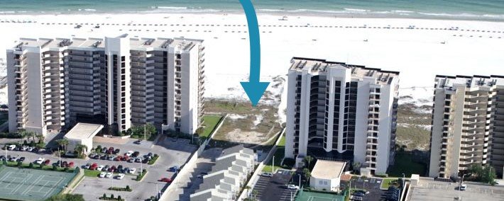 The 12-floor condo tower site sits on the beach between Phoenix VIII and Phoenix East and south of the Perdido Dunes townhouses.
