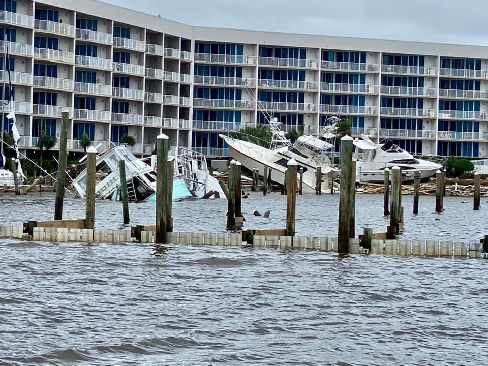Sportsman Marina was heavily damaged by Hurricane Sally. Very few boats survived unscathed.