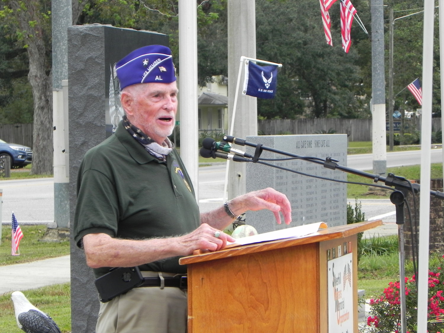 Ed Evans speaks at the Veterans Day program held Nov. 11 at the Veterans War Memorial in Silverhill.