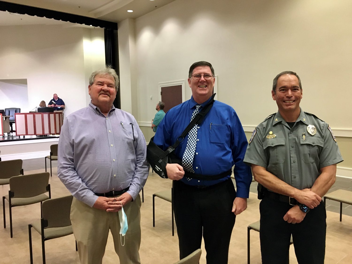 The Rev. Richard Ullo, center, was named the first chaplain of the Spanish Fort Police Department. With Ullo are Mayor Mike McMillan and Police Chief John Barber.