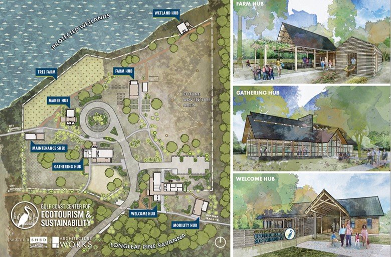 The Gulf Coast Eco Center campus has been designed to preserve the uniqueness of the site using local materials and will be located adjacent to Gulf Shores City Schools and Gulf State Park. It will offer a range of camps, classes and recreational activities for school groups, residents and visitors.