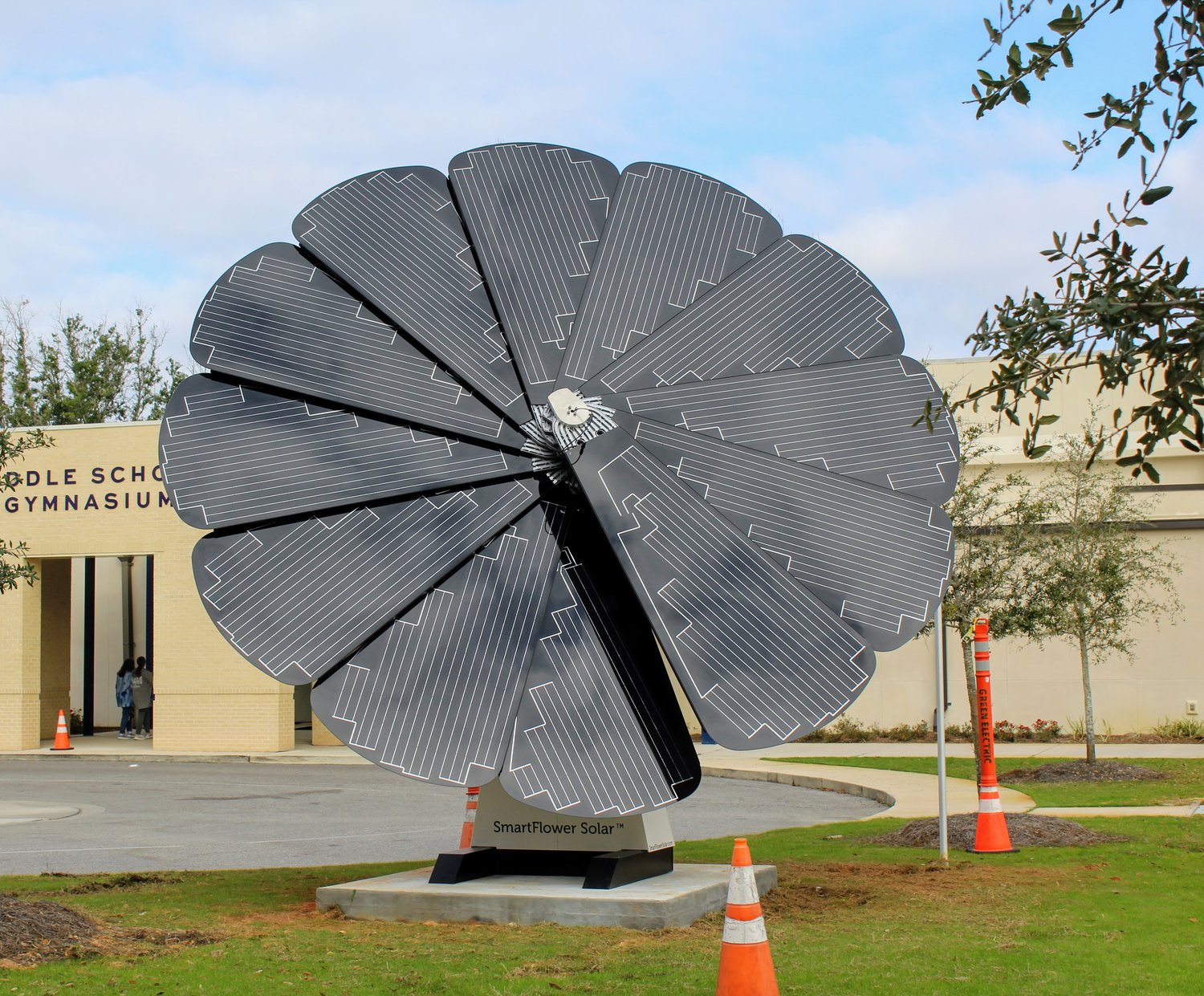Two SmartFlower solar arrays have been installed on the Gulf Shores City Schools campus. The self-contained solar electric system is designed to mimic the unfurling of a flower when the sun rises.  The solar panels follow the sun throughout the day, making up to 40% more energy than stationary solar panels.