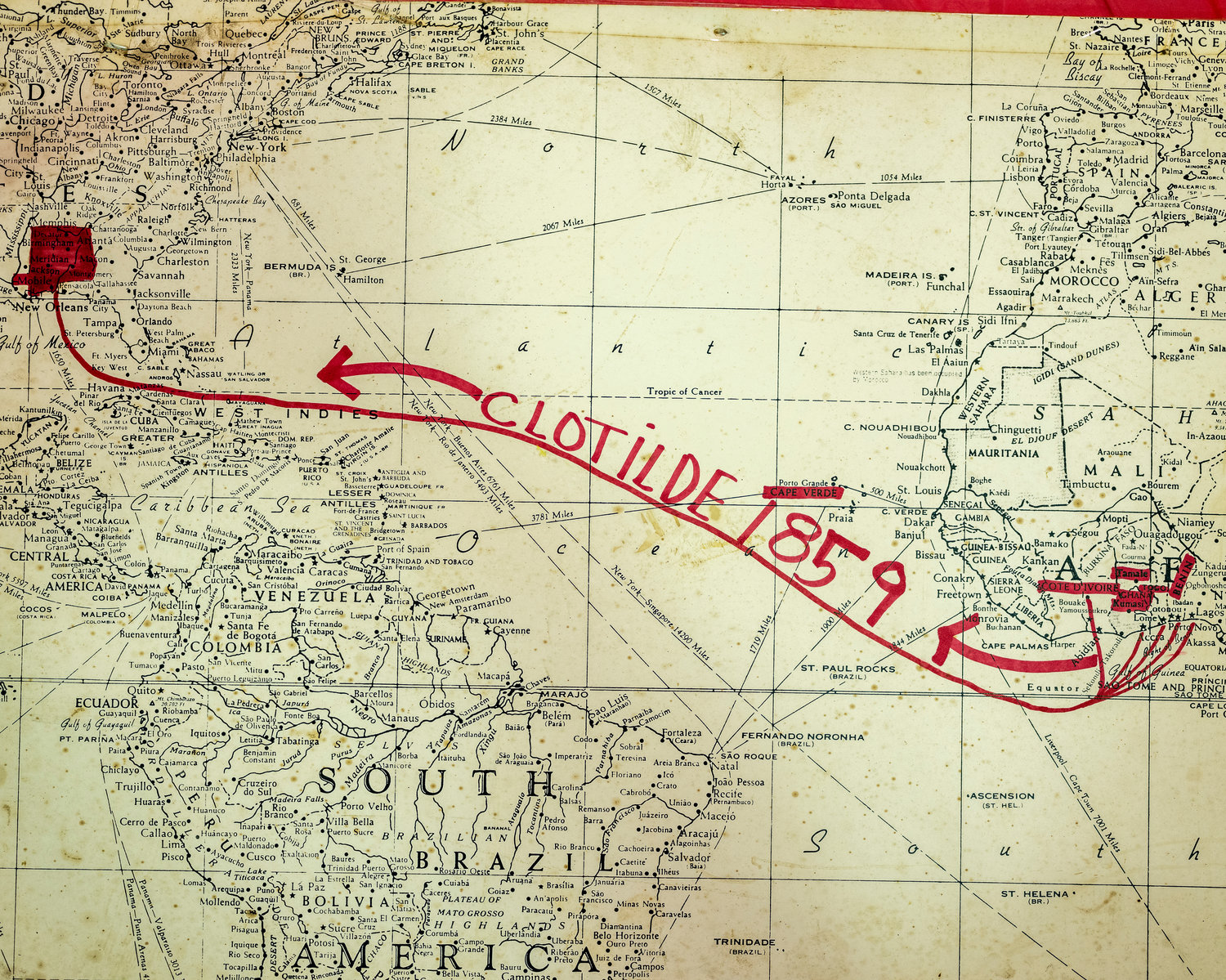 A map shows a hand-drawn path tracing the Clotilda's 1859 journey. (National Geographic/Elias Williams)