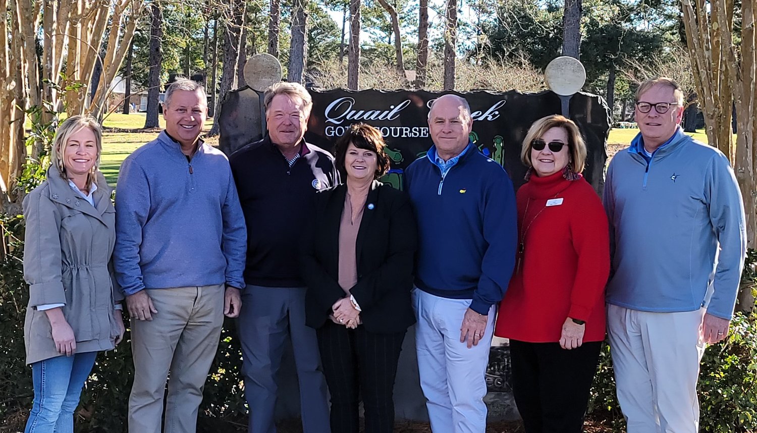 Pictured here, from left: Betsy Duggar, FEEF Board Member; Mike Foley, Golf Tournament Co-chair; Bobby Hall, Director of Golf Operations, Quail Creek Golf Course; Fairhope Mayor Sherry Sullivan; Jake Defee, Golf Tournament Co-chair; Meg Lowry, FEEF Executive Director; and Davis Brock, FEEF Board Chairman.