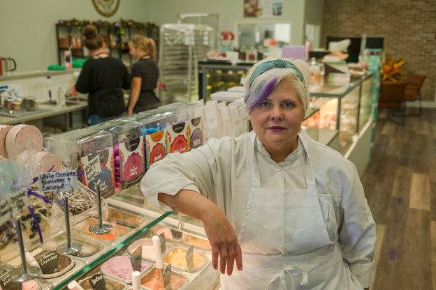 Chef Jule Roach poses for a portrait at her bakery, Fairhope Chocolate.