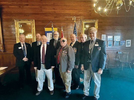 Front row, left to right, Stuart Ritter, Tommy Rhodes, John Van Zandt. Back row Stephen Sexton, Dr. James Corum, Larry Liles and Michael Glass attend the Sons of the American Revolution annual banquet.