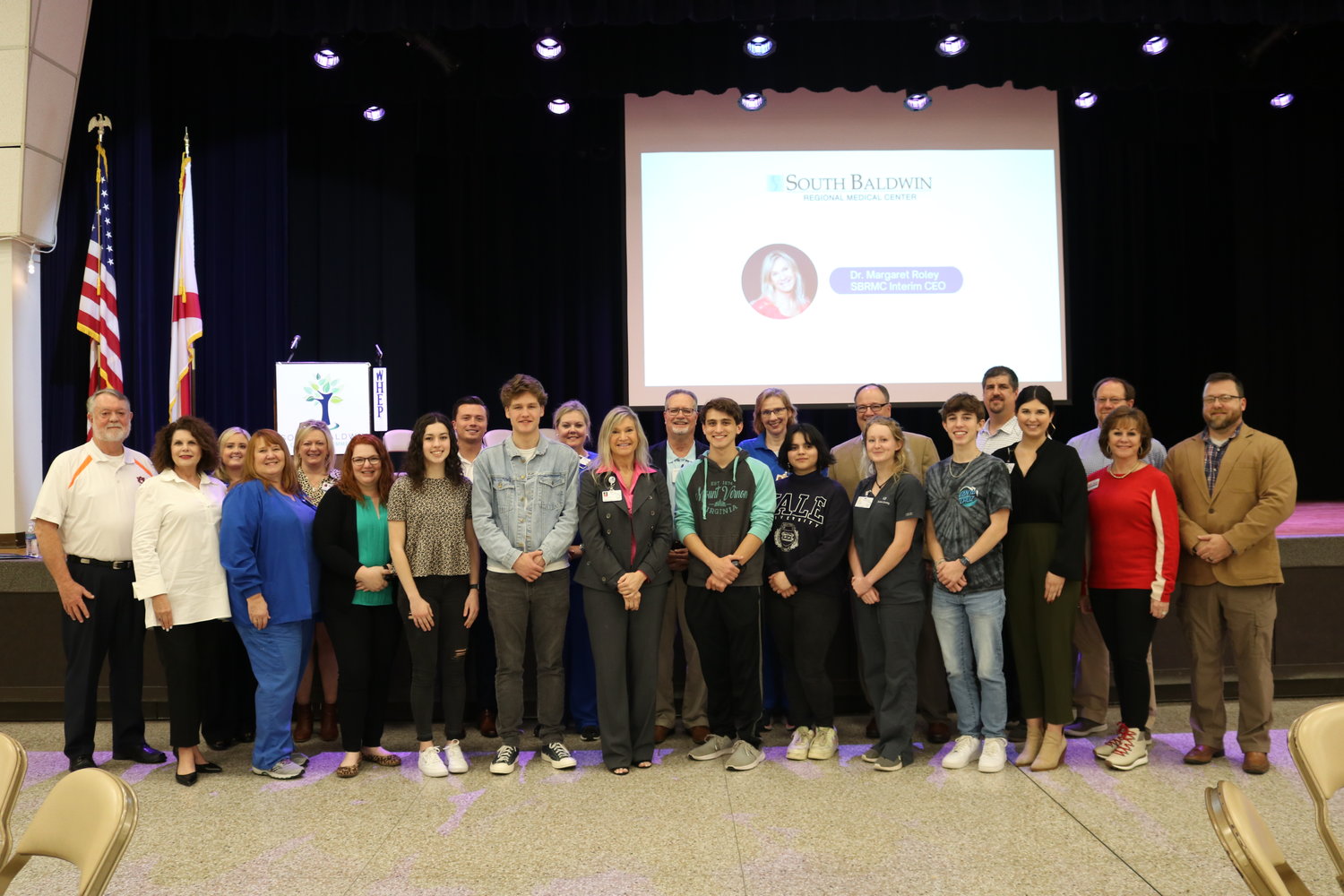The South Baldwin Chamber’s first 2022 Leadership Series featured South Baldwin Regional Interim CEO Margaret Roley as speaker. In attendance were hospital staff, city officials, hospital board members, chamber board members and students from Foley High School.