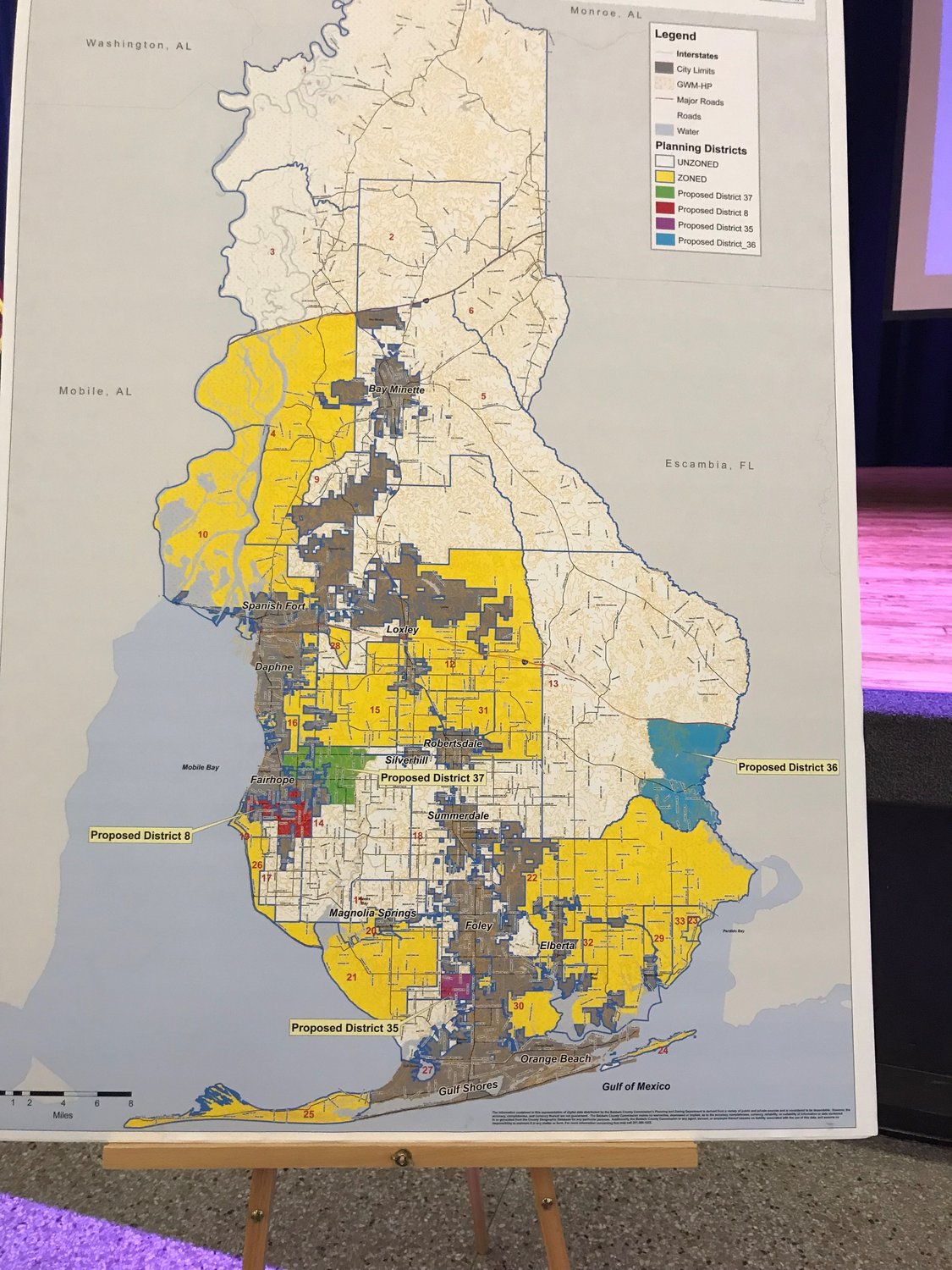 Areas with county zoning are shown in yellow on a map used at public meetings on Baldwin's long-range land-use plan. Municipalities are in gray.