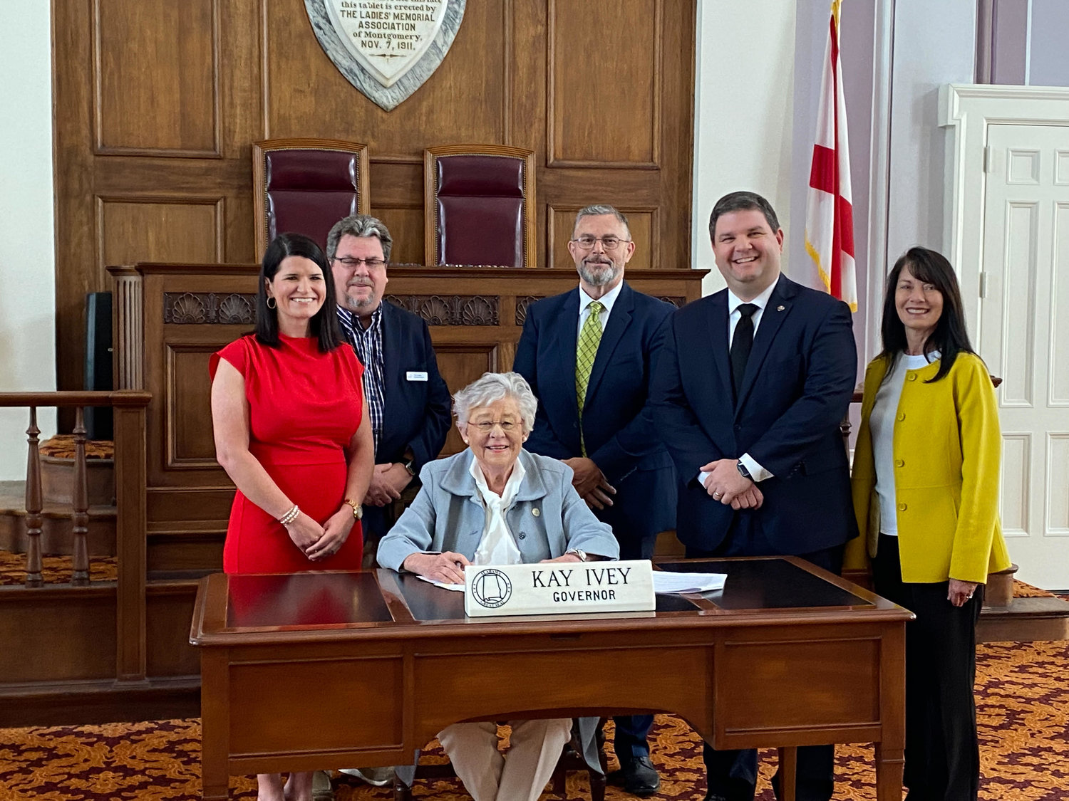 Rep. Matt Simpson (second from right) watched Alabama Governor Kay Ivey sign House Bill 68 this week. The legislation offers extra protections to victims of violent crimes who are developmentally and intellectually disabled. Attending the signing were Assistant District Attorney Tandice Blackwood, Stephen Hickman, Executive Director of ARC of Alabama Tim Cooper, and Susan Kilngel, executive director of ARC of Madison County.