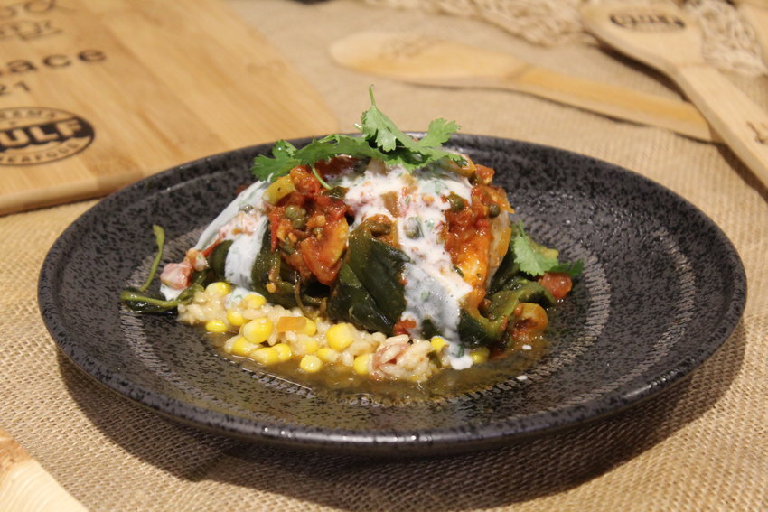 The 2021 Alabama Seafood Cook-Off winning team was chef Scott Simpson and sous chef Morgan McWaters from The Depot in Auburn. The winning dish of pan-seared Gulf yellow edge grouper, stuffed poblano chili on Gulf Shrimp, sweet corn, and Conecuh bacon risotto with cilantro crema won over the judges.