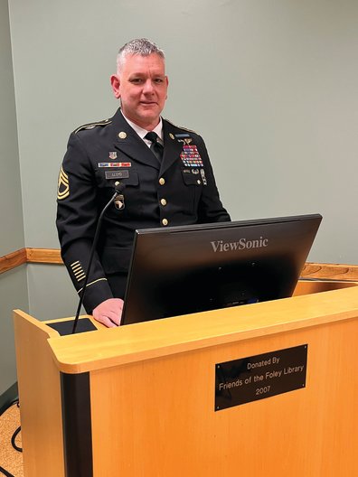 Retired Sgt. First Class Brandon Lloyd recently spoke at the Bon Secour Chapter of the NSDAR meeting.
