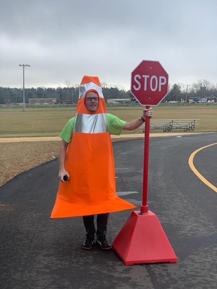 At the start of construction, J. Larry Newton called on help from a "walking traffic cone director" to greet the students when they arrived at school.
