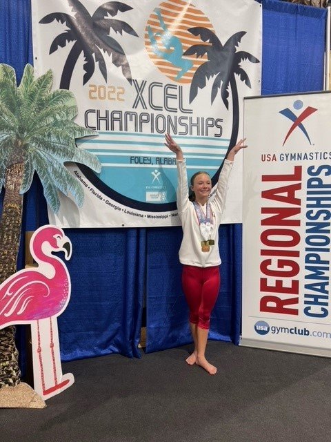 Flip City Academy gymnasts Saoirse McDaniel, age 14 of Daphne competed as Xcel Gold Saturday, May 7 and won gold for her floor routine and uneven bars and placed fourth all-around.