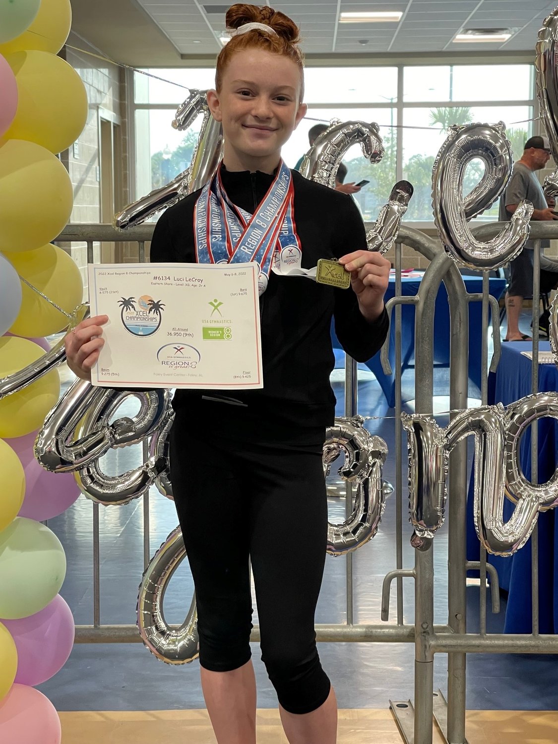 Eastern Shore Gymnastics Academy gymnast Luci LeCroy, age 11 of Fairhope won the gym’s first ever Regional gold medal on the uneven bars Friday, May 6 in the Xcel Gold level.