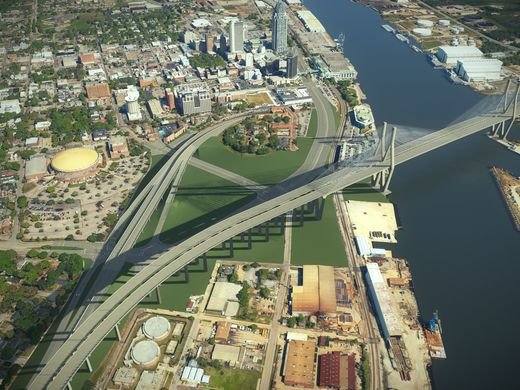 An artist's rendering shows one version of the proposed Interstate 10 bridge over the Mobile River. The Alabama Department of Transportation is seeking a federal grant of up to $500 million to pay some of the costs of the bridge and a new route across Mobile Bay.