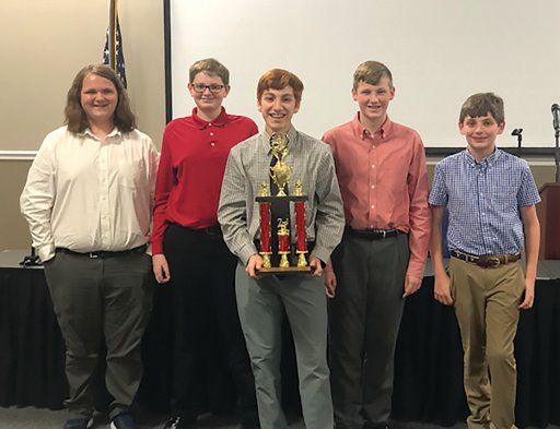 Fairhope Middle School won the middle school varsity second-place trophy. Team members were from left:  Jaiden Hermecz, Ethan Sugg, Austin Etheridge, Quinn Roberts, and Ferris Hapworth.
